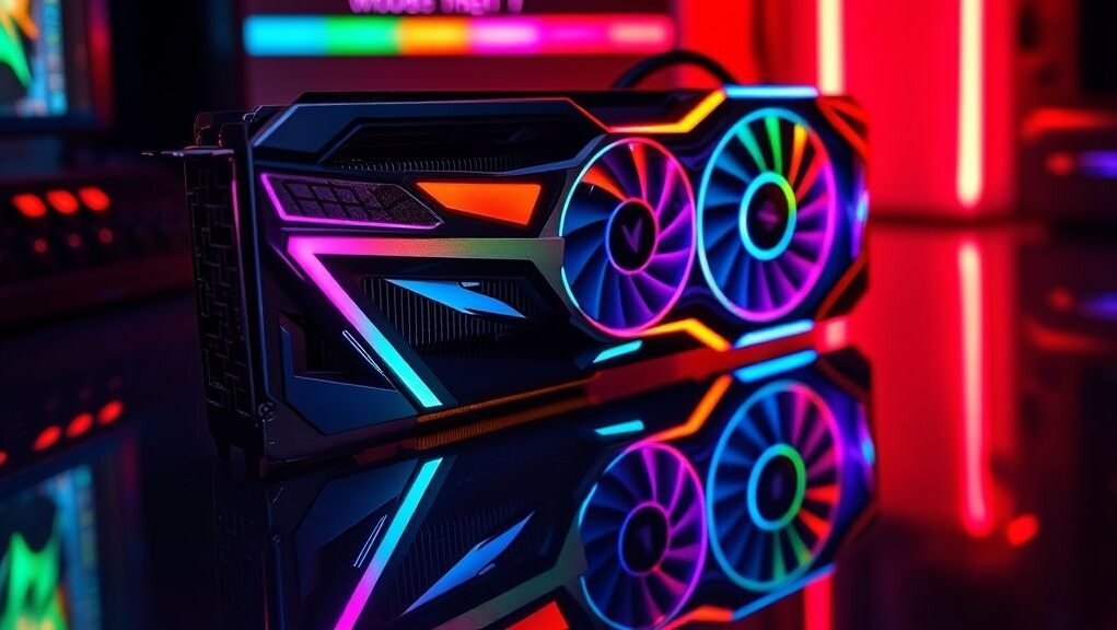 A sleek, futuristic graphics card glowing with RGB lighting, a strong candidate for Graphics Card Rankings 2025.