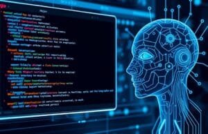 Mojo AI: Python Simplicity, C++ Speed for AI Dev. A sleek, futuristic programming interface displaying Mojo code next to a powerful AI model visual, symbolizing speed and integration.