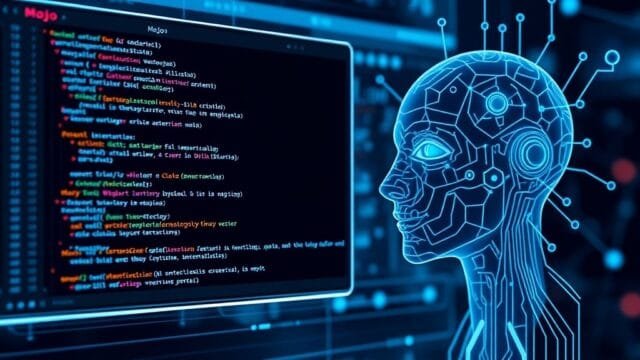 Mojo AI: Python Simplicity, C++ Speed for AI Dev. A sleek, futuristic programming interface displaying Mojo code next to a powerful AI model visual, symbolizing speed and integration.