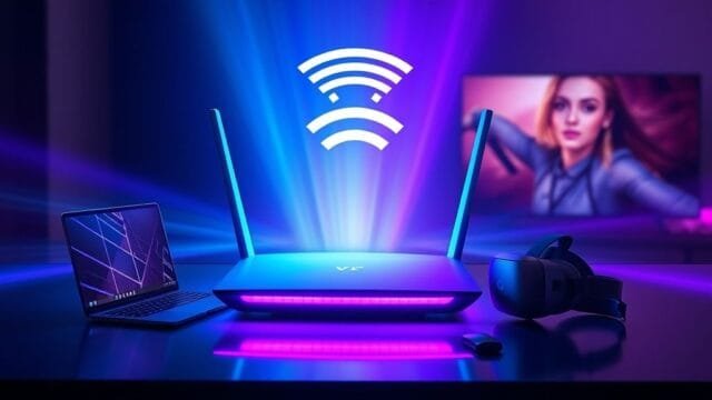Wi-Fi 7: Unlocking the Future of Wireless Freedom A sleek, futuristic router emitting Wi-Fi signals in a vibrant, dynamic blue and purple light, with connected devices (laptop, VR headset, smart TV) benefiting from fast Wi-Fi 7.