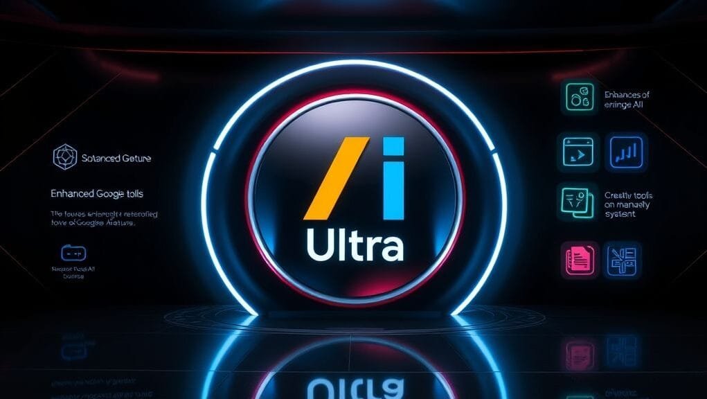A sleek graphic showing the Google AI Ultra logo with premium features like enhanced Gemini and creative tools surrounding it, implying exclusive access.