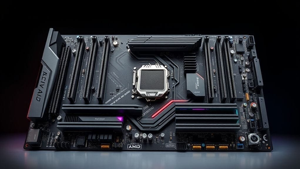 A sleek, high-end motherboard, illustrating features common to **AMD B840 B850 motherboards**, with multiple PCIe slots and heatsinks. A sleek, high-end motherboard, illustrating features common to **AMD B840 B850 motherboards**, with multiple PCIe slots and heatsinks.