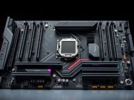A sleek, high-end motherboard, illustrating features common to **AMD B840 B850 motherboards**, with multiple PCIe slots and heatsinks.