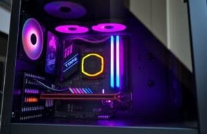 Innovative Motherboard Form Factors: Building Your Custom PC A sleek, minimalist custom PC build featuring a Mini-ITX motherboard, visible through a tempered glass side panel, highlighting efficient component placement and vibrant RGB lighting. This image represents innovative motherboard form factors.