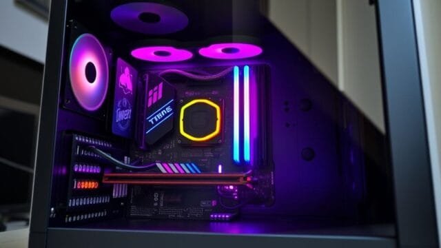 Innovative Motherboard Form Factors: Building Your Custom PC A sleek, minimalist custom PC build featuring a Mini-ITX motherboard, visible through a tempered glass side panel, highlighting efficient component placement and vibrant RGB lighting. This image represents innovative motherboard form factors.