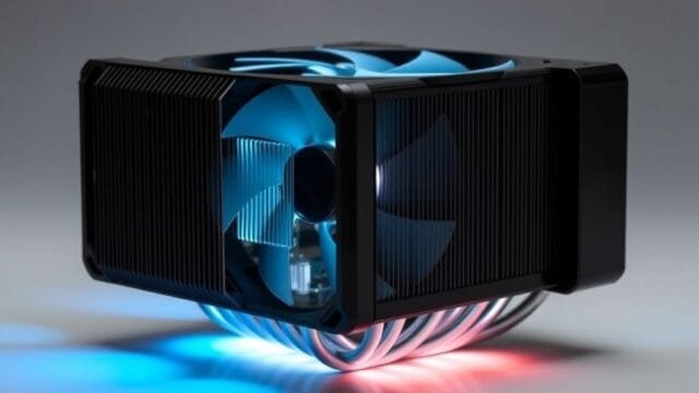 Intelligent Cooling Systems: Silent, Efficient, Future-Ready Tech A sleek, modern CPU cooler with subtle LED lighting, symbolizing advanced cooling technology.