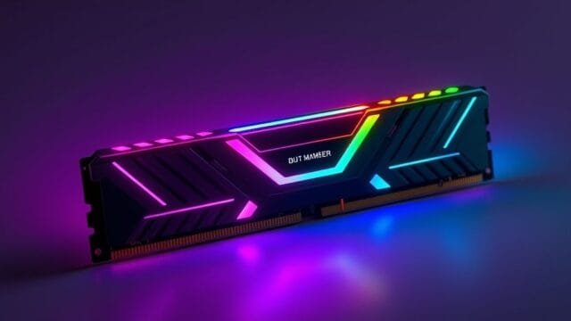 DDR5 Memory: The New Standard for PC Performance & Upgrades A sleek, modern DDR5 memory module glowing with RGB lighting, symbolizing next-generation performance