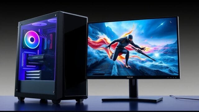 Mini-ITX Build: Unleash Big Power in a Small Package A sleek, compact Mini-ITX PC sitting on a modern desk next to a monitor, showcasing its small size and aesthetic appeal.