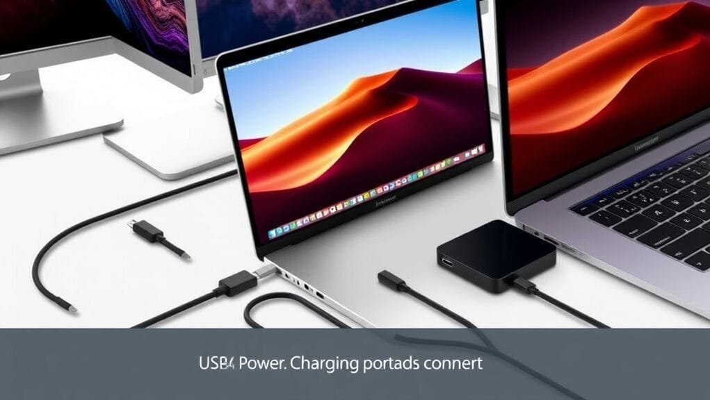 A sleek, modern laptop connected to multiple external monitors, an external SSD, and a charging cable, all via a single USB-C port, highlighting the power of USB4 connectivity.