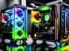 RGB PC Build: Crafting Your Ultimate Luminous Rig A sleek, modern PC case with large tempered glass panels, showcasing a vibrant RGB PC build with synchronized lighting across all internal components.