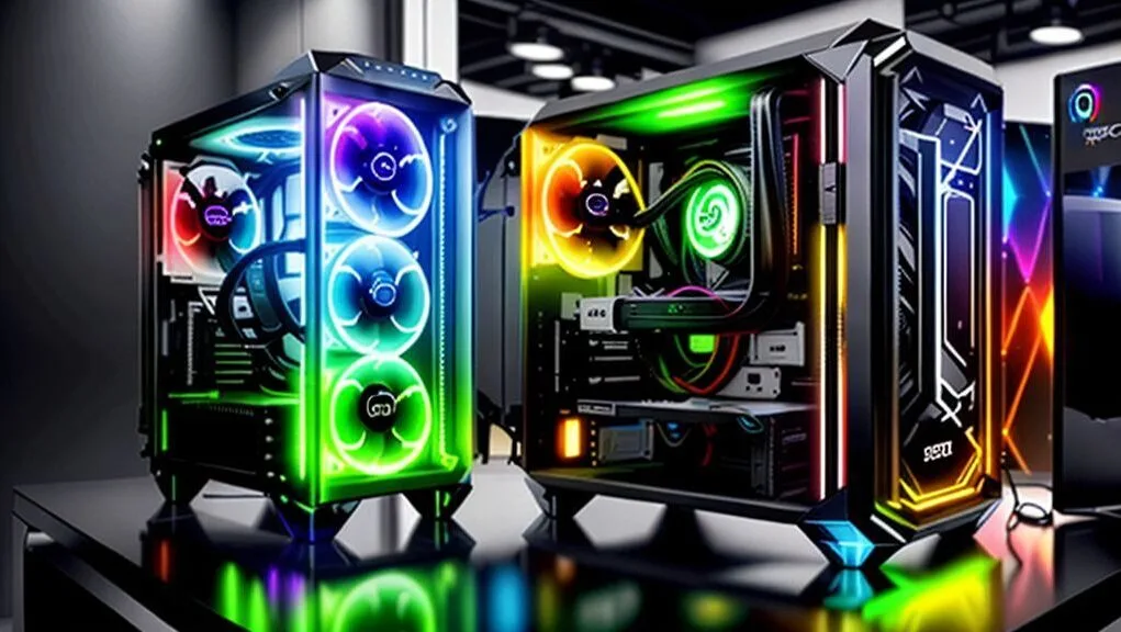 A sleek, modern PC case with large tempered glass panels, showcasing a vibrant RGB PC build with synchronized lighting across all internal components. A sleek, modern PC case with large tempered glass panels, showcasing a vibrant RGB PC build with synchronized lighting across all internal components.