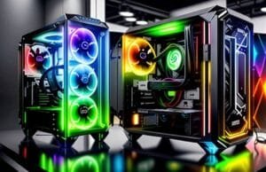 RGB PC Build: Crafting Your Ultimate Luminous Rig A sleek, modern PC case with large tempered glass panels, showcasing a vibrant RGB PC build with synchronized lighting across all internal components.