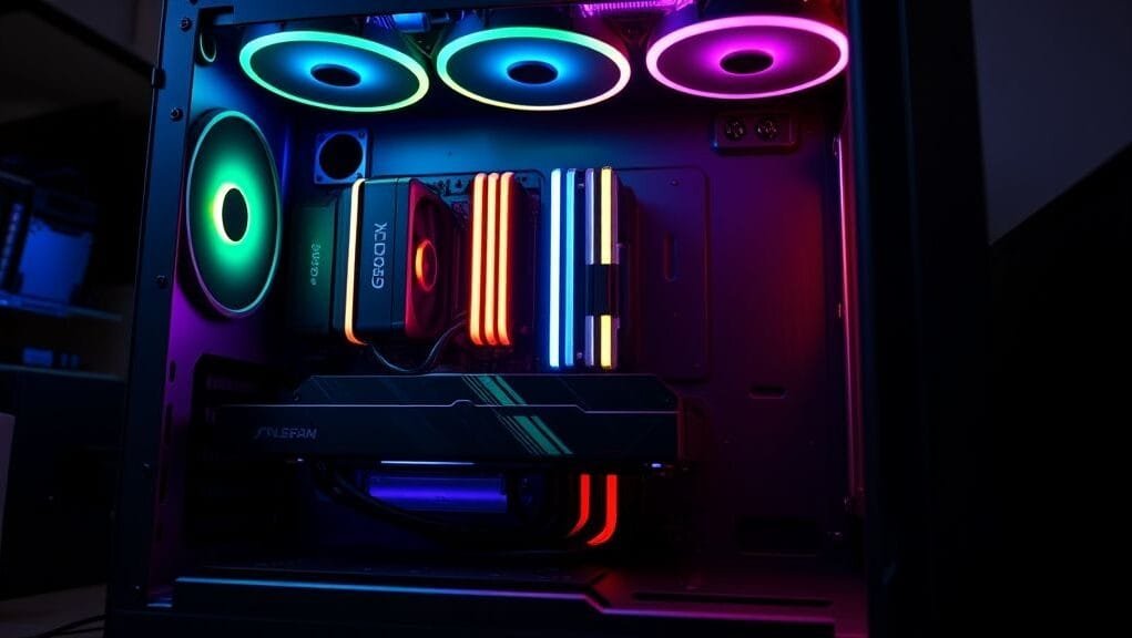 A sleek, modern PC case with RGB lighting, showcasing high-performance internal components like a GPU and CPU cooler, representing a powerful 1440p sweet spot build.