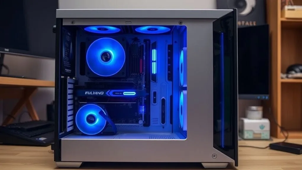 A sleek, modern PC case with sound-dampening panels and large, slow-spinning fans, emitting a faint blue glow in a quiet home office setting. The image serves as the featured image for the article and visually represents a quiet computer.