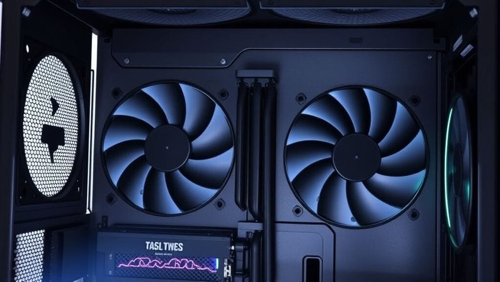 A sleek, modern PC case with sound-dampening panels and large, slow-spinning fans visible through a subtle mesh. A sleek, modern PC case with sound-dampening panels and large, slow-spinning fans visible through a subtle mesh.