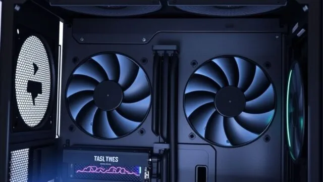 A sleek, modern PC case with sound-dampening panels and large, slow-spinning fans visible through a subtle mesh.