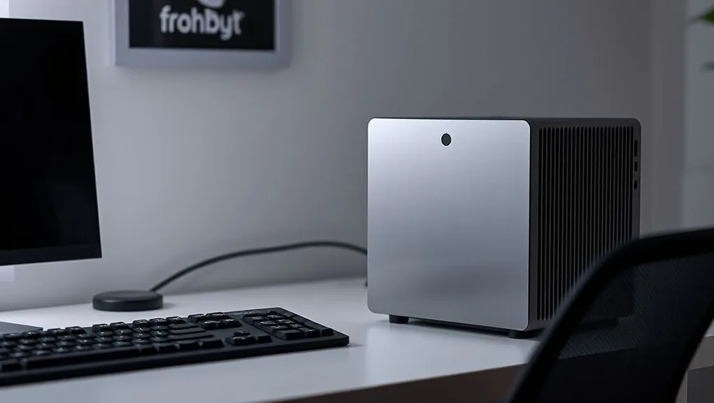 A sleek, modern Small Form Factor PC setup on a minimalist desk, showcasing its compact size next to a monitor and keyboard.