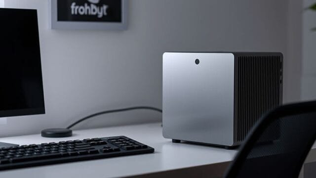 Small Form Factor PCs: Micro-ATX & Mini-ITX Explosion Guide A sleek, modern Small Form Factor PC setup on a minimalist desk, showcasing its compact size next to a monitor and keyboard.