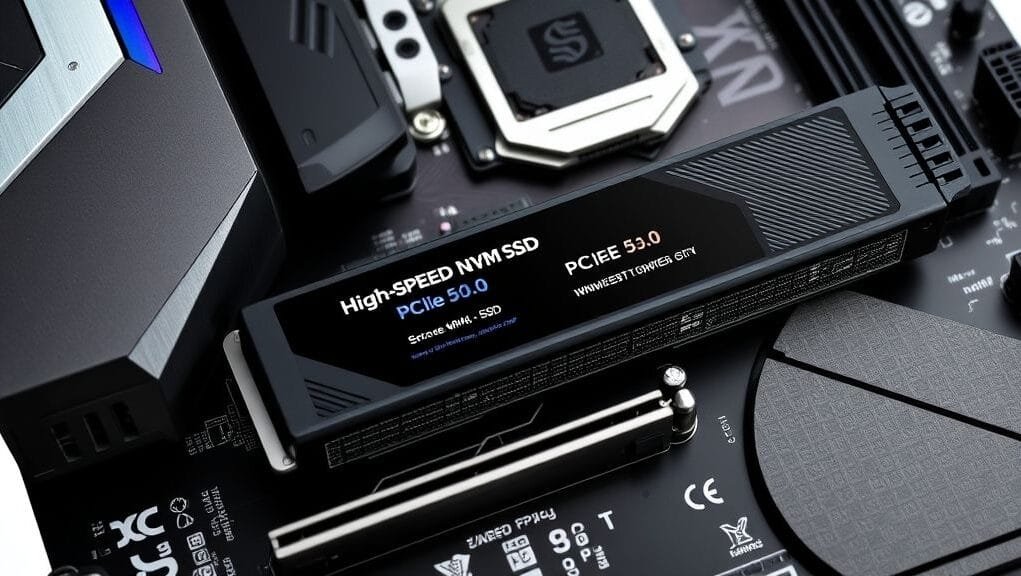 A sleek motherboard prominently featuring a PCIe 5.0 slot, with a high-speed NVMe SSD installed, highlighting its cutting-edge design.
