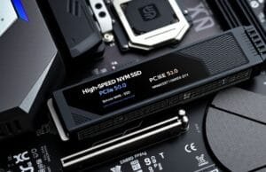 PCIe 5.0: Unlocking Next-Gen Performance for Creators & Gamers A sleek motherboard prominently featuring a PCIe 5.0 slot, with a high-speed NVMe SSD installed, highlighting its cutting-edge design.