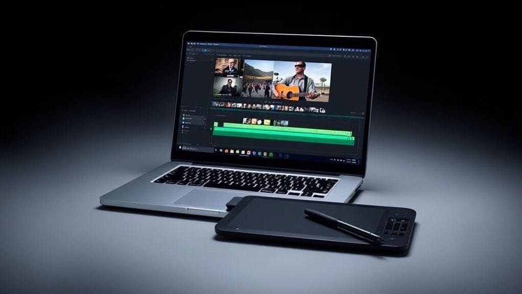 A sleek, open laptop displaying video editing software on screen, with a graphics tablet and stylus beside it. The screen shows a timeline with multiple video tracks.