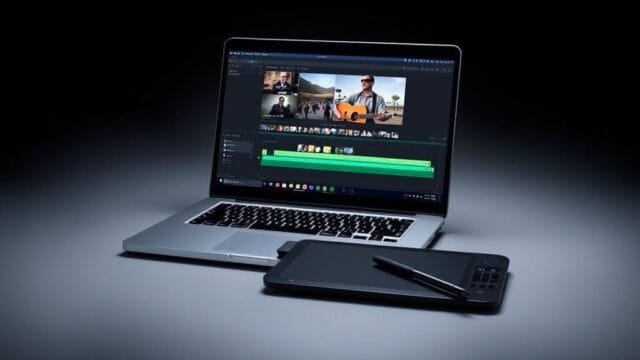 Laptops for Video Editing: Ultimate Showdown for Creators A sleek, open laptop displaying video editing software on screen, with a graphics tablet and stylus beside it. The screen shows a timeline with multiple video tracks.