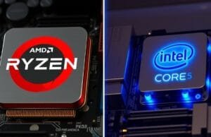 All-AMD vs. Intel/NVIDIA PC: The Ultimate Build Verdict A split image comparing AMD Ryzen (left, with a red glow) and Intel Core (right, with a blue glow) CPUs side-by-side on their respective motherboards, highlighting their distinct designs.