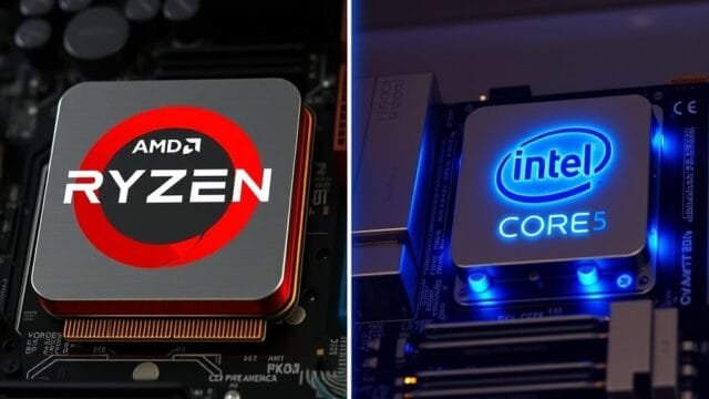 All-AMD vs. Intel/NVIDIA PC: The Ultimate Build Verdict A split image comparing AMD Ryzen (left, with a red glow) and Intel Core (right, with a blue glow) CPUs side-by-side on their respective motherboards, highlighting their distinct designs.