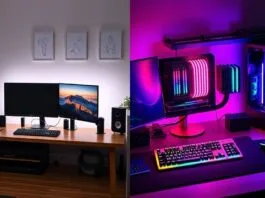 A split image showcasing two distinct desk setups. The left side features a minimalist, clean setup with a sleek monitor, discreet peripherals, and soft, natural lighting. The right side displays a vibrant RGB gaming setup, with LED strips illuminating components, a glowing keyboard, and a mousepad, all synchronized to a dynamic color scheme.