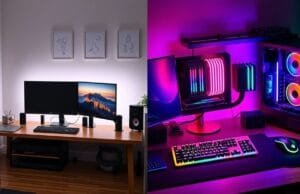 Clean vs RGB: Which Aesthetic Best Suits Your Setup? A split image showcasing two distinct desk setups. The left side features a minimalist, clean setup with a sleek monitor, discreet peripherals, and soft, natural lighting. The right side displays a vibrant RGB gaming setup, with LED strips illuminating components, a glowing keyboard, and a mousepad, all synchronized to a dynamic color scheme.
