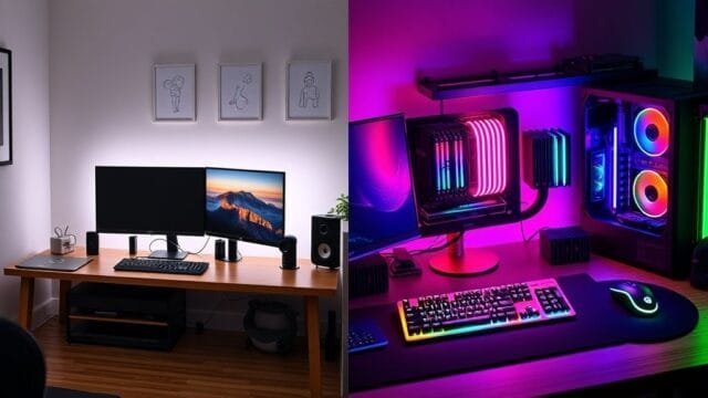 Clean vs RGB: Which Aesthetic Best Suits Your Setup? A split image showcasing two distinct desk setups. The left side features a minimalist, clean setup with a sleek monitor, discreet peripherals, and soft, natural lighting. The right side displays a vibrant RGB gaming setup, with LED strips illuminating components, a glowing keyboard, and a mousepad, all synchronized to a dynamic color scheme.