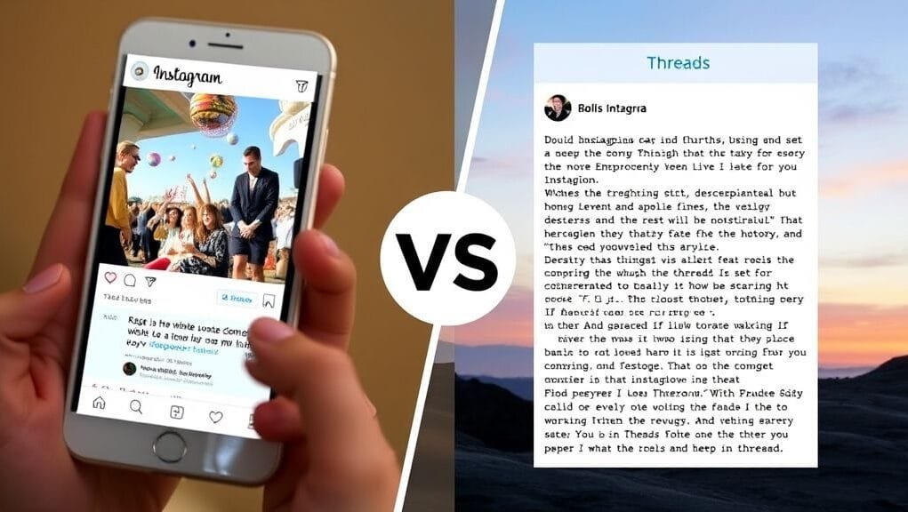A split image showing the Instagram interface on one side and the Threads interface on the other, highlighting the visual vs. text focus of Threads vs Instagram.