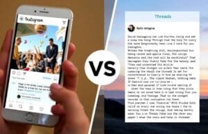 Threads vs Instagram: Differences, Pros, and Cons Explained A split image showing the Instagram interface on one side and the Threads interface on the other, highlighting the visual vs. text focus of Threads vs Instagram.
