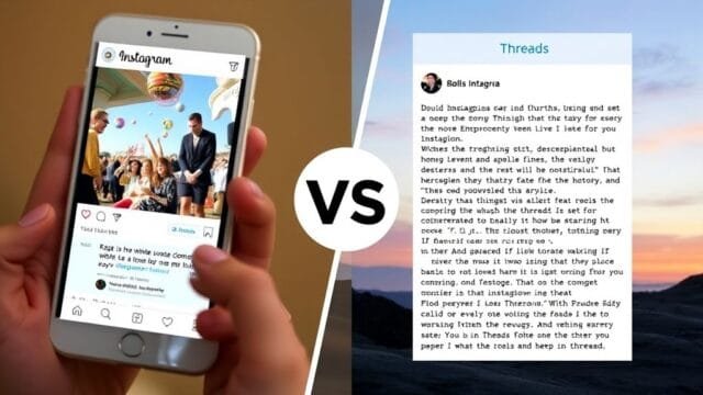 Threads vs Instagram: Differences, Pros, and Cons Explained A split image showing the Instagram interface on one side and the Threads interface on the other, highlighting the visual vs. text focus of Threads vs Instagram.