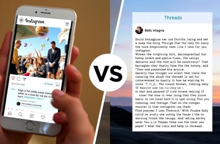 A split image showing the Instagram interface on one side and the Threads interface on the other, highlighting the visual vs. text focus of Threads vs Instagram.
