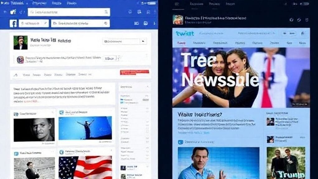 A split screen showing Facebook's news feed on one side and X's (Twitter)'s feed on the other, both displaying news headlines.