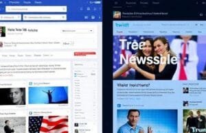 Facebook vs Twitter News: Social Media’s Impact on Information A split screen showing Facebook's news feed on one side and X's (Twitter)'s feed on the other, both displaying news headlines.