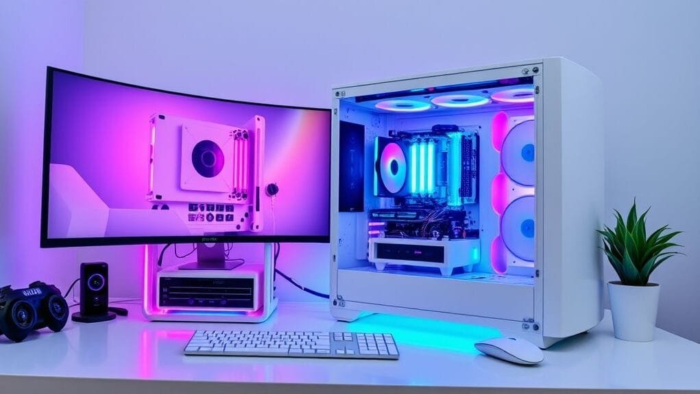 A stunning all-white PC build with vibrant RGB lighting emanating from the components, showcased within a sleek, minimalist desk setup.
