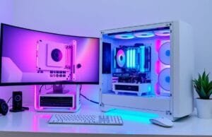 White PC Build: Your Ultimate Guide to the All-White Aesthetic A stunning all-white PC build with vibrant RGB lighting emanating from the components, showcased within a sleek, minimalist desk setup.