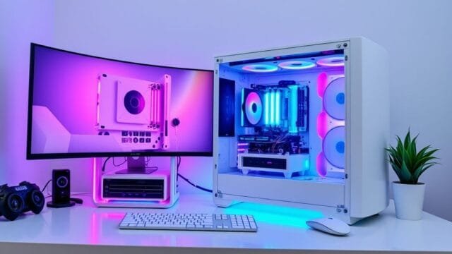 White PC Build: Your Ultimate Guide to the All-White Aesthetic A stunning all-white PC build with vibrant RGB lighting emanating from the components, showcased within a sleek, minimalist desk setup.
