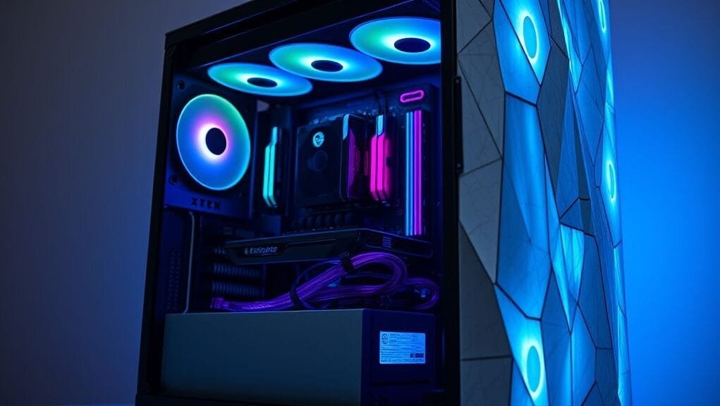 A stunning, custom-built PC case featuring integrated tempered glass and unique textures, showcasing internal components and custom RGB lighting.