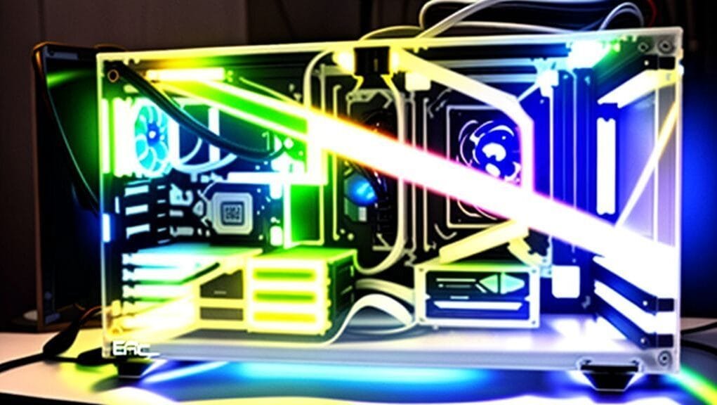 A stunning, fully assembled all-white PC build showcasing vibrant RGB lighting inside a transparent case, sitting on a minimalist desk.