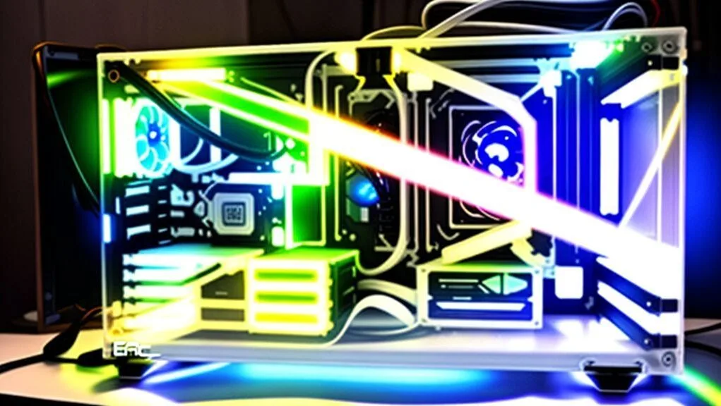 A stunning, fully assembled all-white PC build showcasing vibrant RGB lighting inside a transparent case, sitting on a minimalist desk. A stunning, fully assembled all-white PC build showcasing vibrant RGB lighting inside a transparent case, sitting on a minimalist desk.