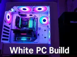 A stunning, fully assembled white PC build showcasing bright RGB lighting and visible internal components. The focus keyword "White PC Build" is central.