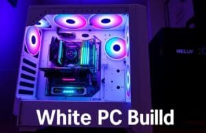 White PC Build: The Pristine Trend in PC Customization A stunning, fully assembled white PC build showcasing bright RGB lighting and visible internal components. The focus keyword "White PC Build" is central.