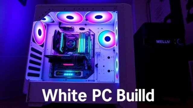 White PC Build: The Pristine Trend in PC Customization A stunning, fully assembled white PC build showcasing bright RGB lighting and visible internal components. The focus keyword "White PC Build" is central.