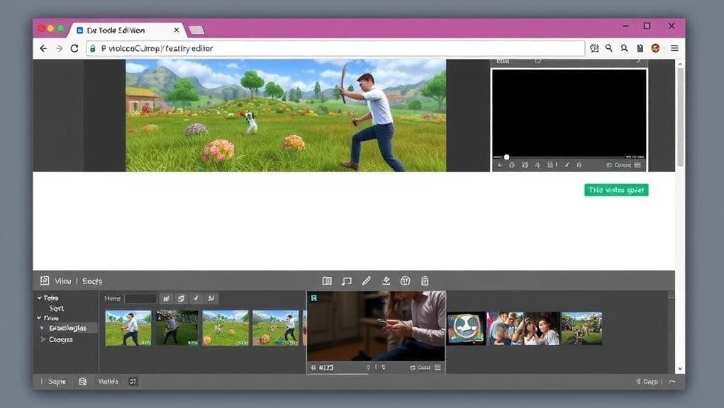 A stylized browser window displays a game, 3D model, and video editor.