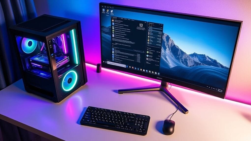 A stylized, clean desktop setup featuring a custom-built PC with RGB lighting, a large monitor, keyboard, and mouse, ready for use A stylized, clean desktop setup featuring a custom-built PC with RGB lighting, a large monitor, keyboard, and mouse, ready for use