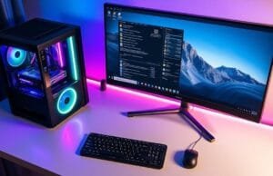 First-Time PC Builder’s Guide: Your Path to a Custom Rig A stylized, clean desktop setup featuring a custom-built PC with RGB lighting, a large monitor, keyboard, and mouse, ready for use A stylized, clean desktop setup featuring a custom-built PC with RGB lighting, a large monitor, keyboard, and mouse, ready for use