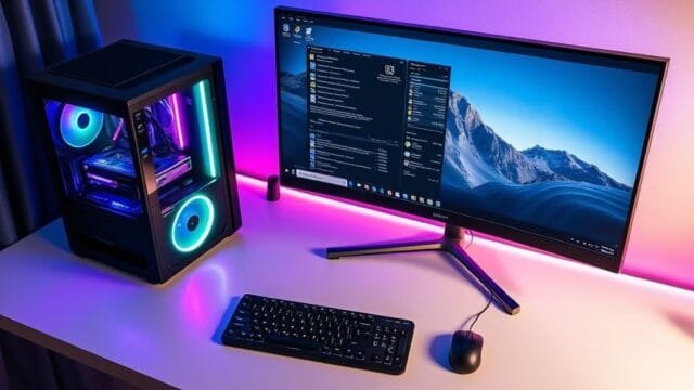 First-Time PC Builder’s Guide: Your Path to a Custom Rig A stylized, clean desktop setup featuring a custom-built PC with RGB lighting, a large monitor, keyboard, and mouse, ready for use A stylized, clean desktop setup featuring a custom-built PC with RGB lighting, a large monitor, keyboard, and mouse, ready for use